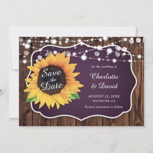 Paarse Rustic Wood Licht Zonnebloem Weduwschap Save The Date (Voorkant)