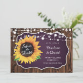 Paarse Rustic Wood Licht Zonnebloem Weduwschap Save The Date (Staand voorkant)
