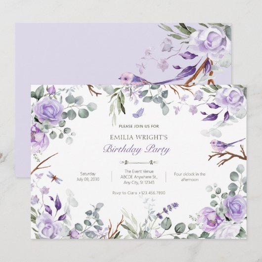 Paarse rustieke bloemen jarig kaart (Voorkant / Achterkant)