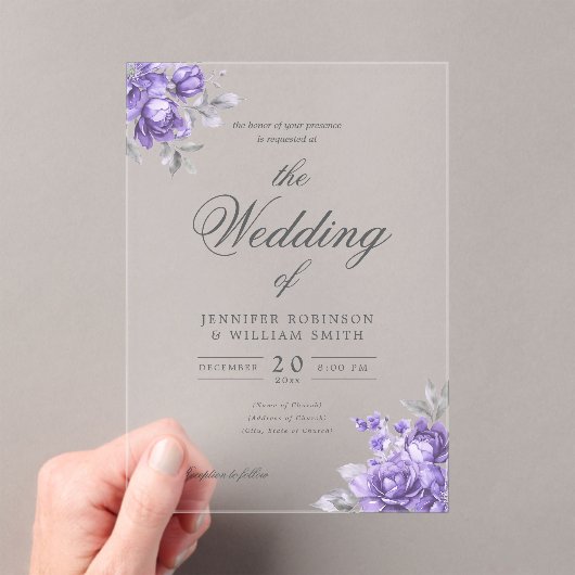 Paarse Rustieke Bloemrijke Elegante Script Bruilof Acryl Uitnodigingen (Insitu (Draagbaar))