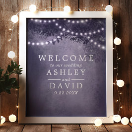 Paarse rustieke boomlichten bruiloft welkom teken poster