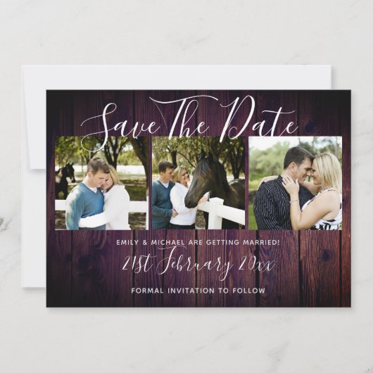 Paarse Rustieke FOTO Collage Bewaar de Datum Trouw Kaart (Voorkant)