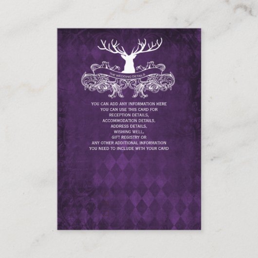 Paarse rustieke gewei herten winter bos bruiloft informatiekaartje (Voorkant)