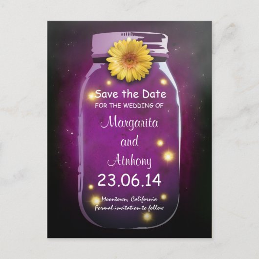 Paarse rustieke grillige Mason Jar Save the Date Aankondigingskaart (Voorkant)