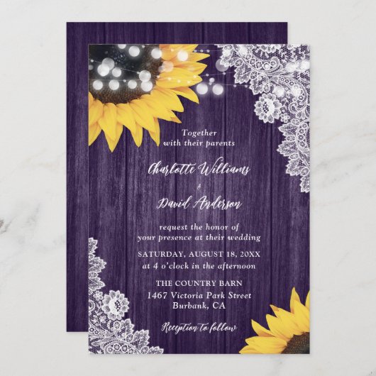 Paarse Rustieke Hout Bloemen Kant Zonnebloem Weddi Kaart (Voorkant / Achterkant)