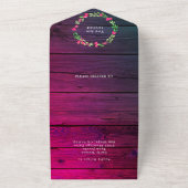 Paarse Rustieke Hout Roze Bloemen Land Wo RSVP All In One Uitnodiging (Buitenkant)