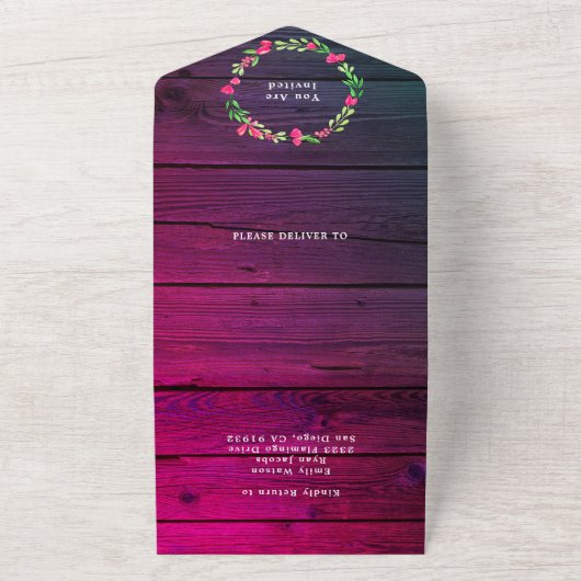 Paarse Rustieke Hout Roze Bloemen Land Wo RSVP All In One Uitnodiging (Buitenkant)