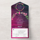 Paarse Rustieke Hout Roze Bloemen Land Wo RSVP All In One Uitnodiging (Binnen)