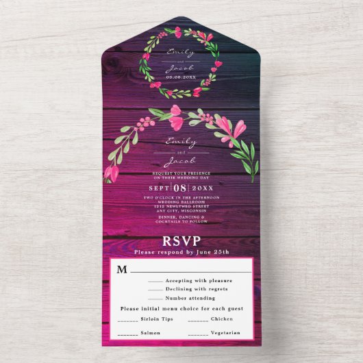 Paarse Rustieke Hout Roze Bloemen Land Wo RSVP All In One Uitnodiging (Binnen)
