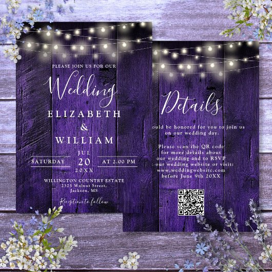 Paarse rustieke houten bruiloft string lichten QR- Kaart