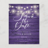 Paarse Rustieke Houten Slingerlichten Save the Dat Briefkaart (Voorkant)