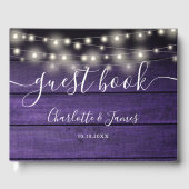 Paarse Rustieke Houten Slingerlichten Script Bruil Gastenboek (Voorkant)