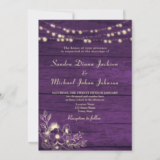 Paarse rustieke houten string verlichting bruiloft kaart (Voorkant)
