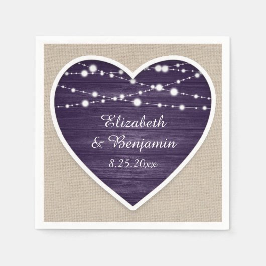 Paarse rustieke houten string verlichting burlap b servet (Voorkant)