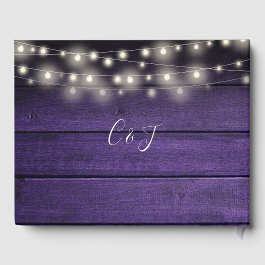 Paarse rustieke houten string verlichting script b gastenboek (Achterkant)