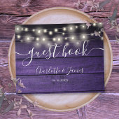 Paarse rustieke houten string verlichting script b gastenboek