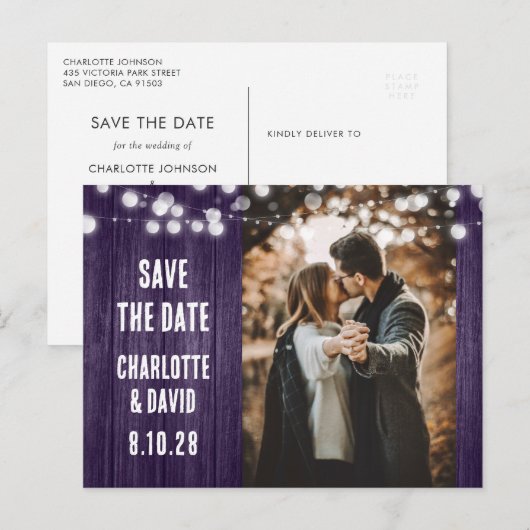 Paarse rustieke houten trouwfoto Sla de datum op Aankondigingskaart (Voorkant / Achterkant)