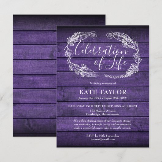 Paarse rustieke houten viering van het leven begra aankondigingskaart (Voorkant / Achterkant)