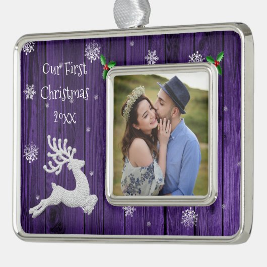 Paarse rustieke kerst rendieren eerst ingelijst verzilverd omlijst ornament (Links)