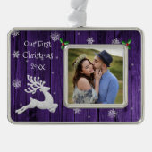 Paarse rustieke kerst rendieren eerst ingelijst verzilverd omlijst ornament (Voorkant)