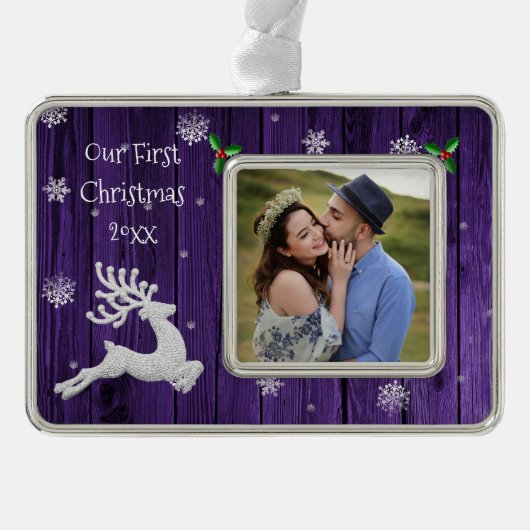 Paarse rustieke kerst rendieren eerst ingelijst verzilverd omlijst ornament (Voorkant)