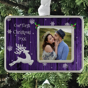 Paarse rustieke kerst rendieren eerst ingelijst verzilverd omlijst ornament