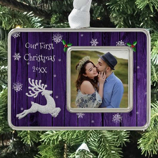 Paarse rustieke kerst rendieren eerst ingelijst verzilverd omlijst ornament