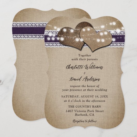 Paarse rustieke land Burlap kant bruiloft Kaart (Voorkant / Achterkant)