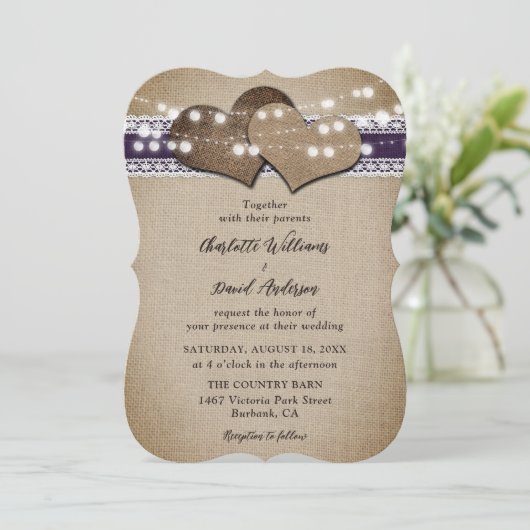 Paarse rustieke land Burlap kant bruiloft Kaart (Staand voorkant)