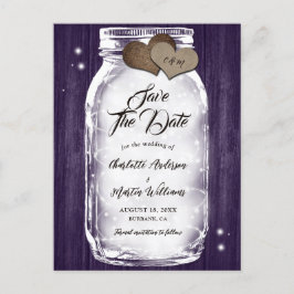 Paarse Rustieke Mason Jar String Lights Hout Weddi Aankondigingskaart