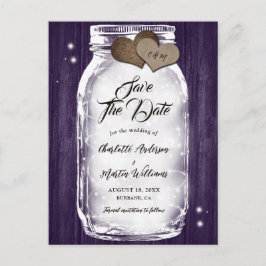 Paarse Rustieke Mason Jar String Lights Hout Weddi Aankondigingskaart