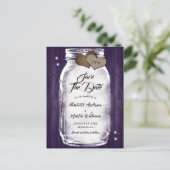 Paarse Rustieke Mason Jar String Lights Hout Weddi Aankondigingskaart (Staand voorkant)