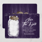 Paarse Rustieke Mason Jar String Lights Hout Weddi Save The Date (Voorkant / Achterkant)
