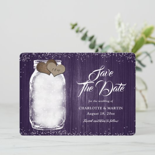 Paarse Rustieke Mason Jar String Lights Hout Weddi Save The Date (Staand voorkant)