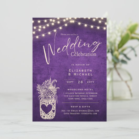 Paarse Rustieke Muurvaas Bruiloft DIGITAAL en Prin Kaart (Staand voorkant)