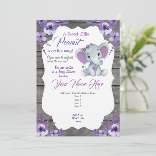 Paarse Rustieke Olifant Uitnodiging Bewerkbaar (Staand voorkant)