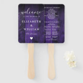 Paarse rustieke schuur Boho Huwelijksprogramma Handwaaier (Voorkant en achterkant)