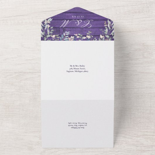 Paarse Rustieke Schuur Hout Bloemen QR Code Huweli All In One Uitnodiging (Buitenkant)