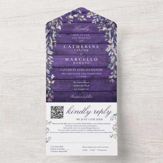 Paarse Rustieke Schuur Hout Bloemen QR Code Huweli All In One Uitnodiging (Binnen)
