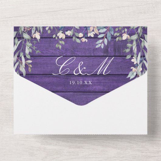 Paarse Rustieke Schuur Hout Bloemen QR Code Huweli All In One Uitnodiging (Achterkant)