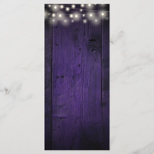 Paarse Rustieke String Lights Schuur Hout Wedding Menu (Achterkant)