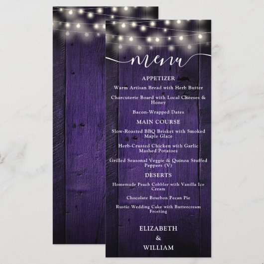 Paarse Rustieke String Lights Schuur Hout Wedding Menu (Voorkant / Achterkant)