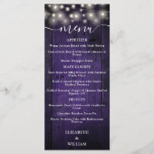 Paarse Rustieke String Lights Schuur Hout Wedding Menu (Voorkant)
