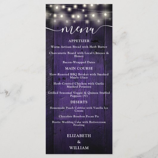 Paarse Rustieke String Lights Schuur Hout Wedding Menu (Voorkant)