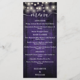 Paarse Rustieke String Lights Schuur Hout Wedding Menu
