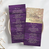 Paarse rustieke string verlichting bruiloft progra programmakaart