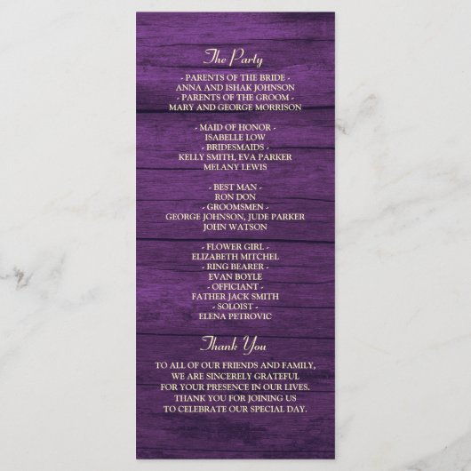 Paarse rustieke string verlichting bruiloft progra programmakaart (Achterkant)