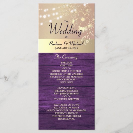 Paarse rustieke string verlichting bruiloft progra programmakaart (Voorkant)