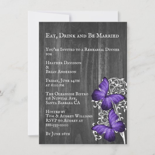 Paarse Rustieke Vlinder Bruiloft Rehearsal Dinner Kaart (Voorkant)