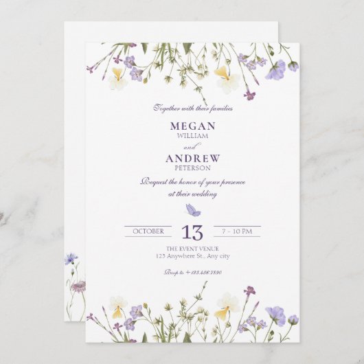 Paarse rustieke wilde bloemen bruiloft kaart (Voorkant / Achterkant)